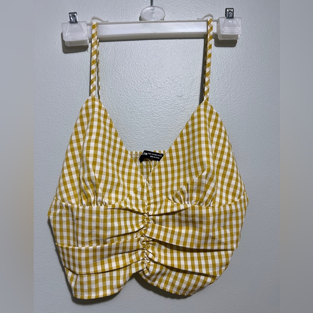 Shein yellow&white checkered size Large top